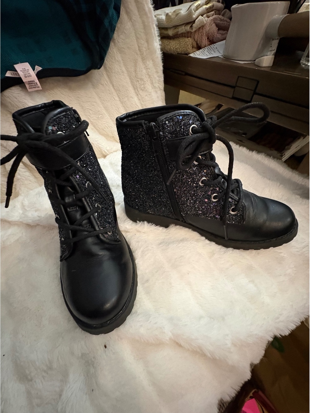 Olive & Edie Drew Black Glitter Lace-Up Ankle Boots with Buckle Detail